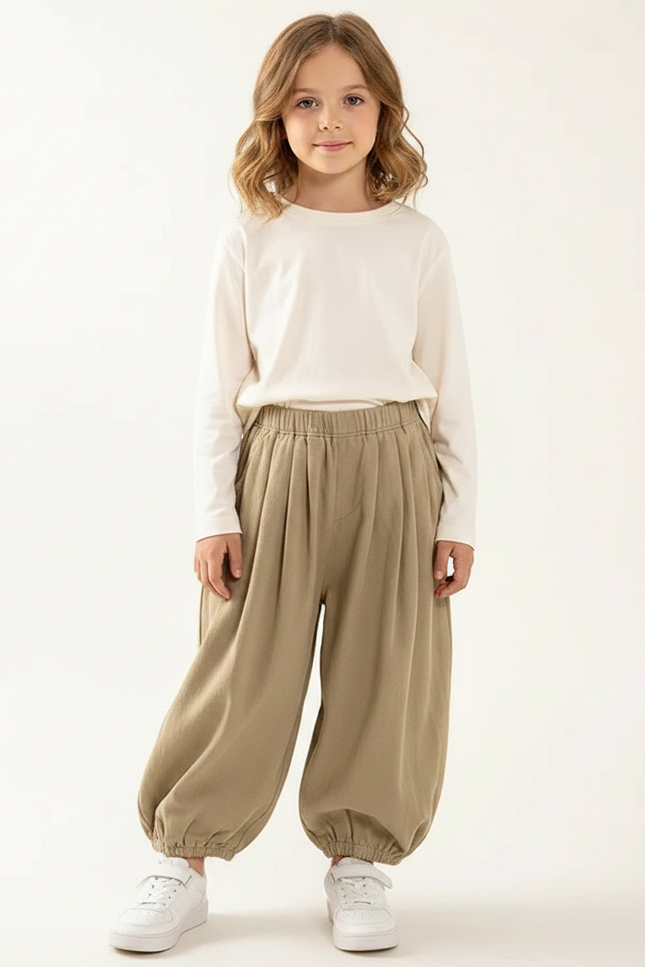 Pantalon À Pince Kaki Ample Plissé Confortable Enfant - Coton