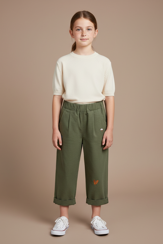 Pantalon À Pince Kaki Brodé Décontracté Ample Coton