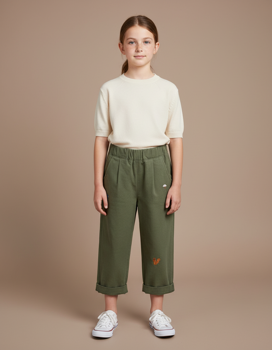 Pantalon À Pince Kaki Brodé Décontracté Ample Coton