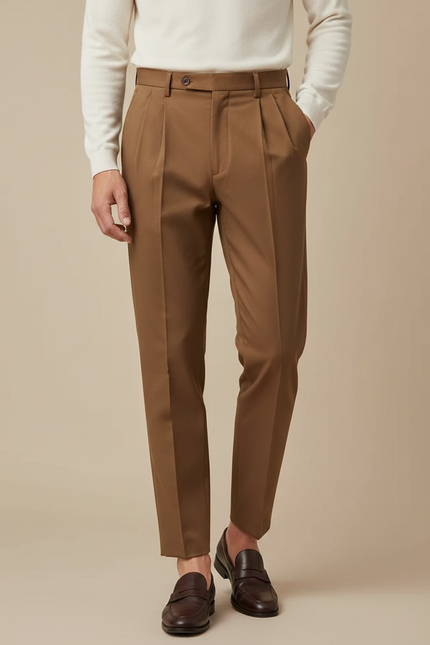Pantalon À Pince Marron Droit Plissé Fluide Homme - Gabardine