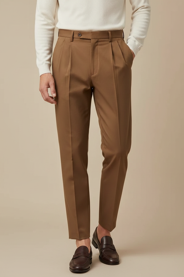 Pantalon À Pince Marron Droit Plissé Fluide Homme - Gabardine