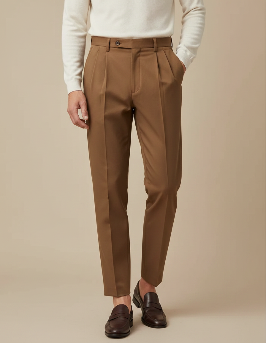 Pantalon À Pince Marron Droit Plissé Fluide Homme - Gabardine