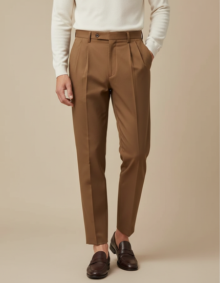 Pantalon À Pince Marron Droit Plissé Fluide Homme - Gabardine