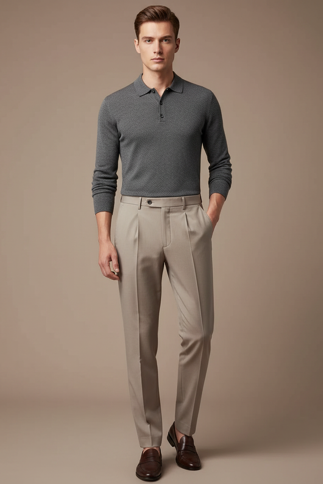 Pantalon À Pince Beige Plissé Slim Élégant Homme - Gabardine