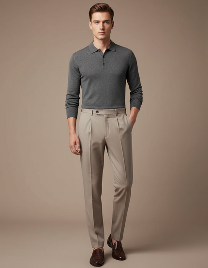 Pantalon À Pince Beige Plissé Slim Élégant Homme - Gabardine