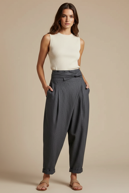 Pantalon À Pince Gris Fluide Taille Haute Femme - Gabardine