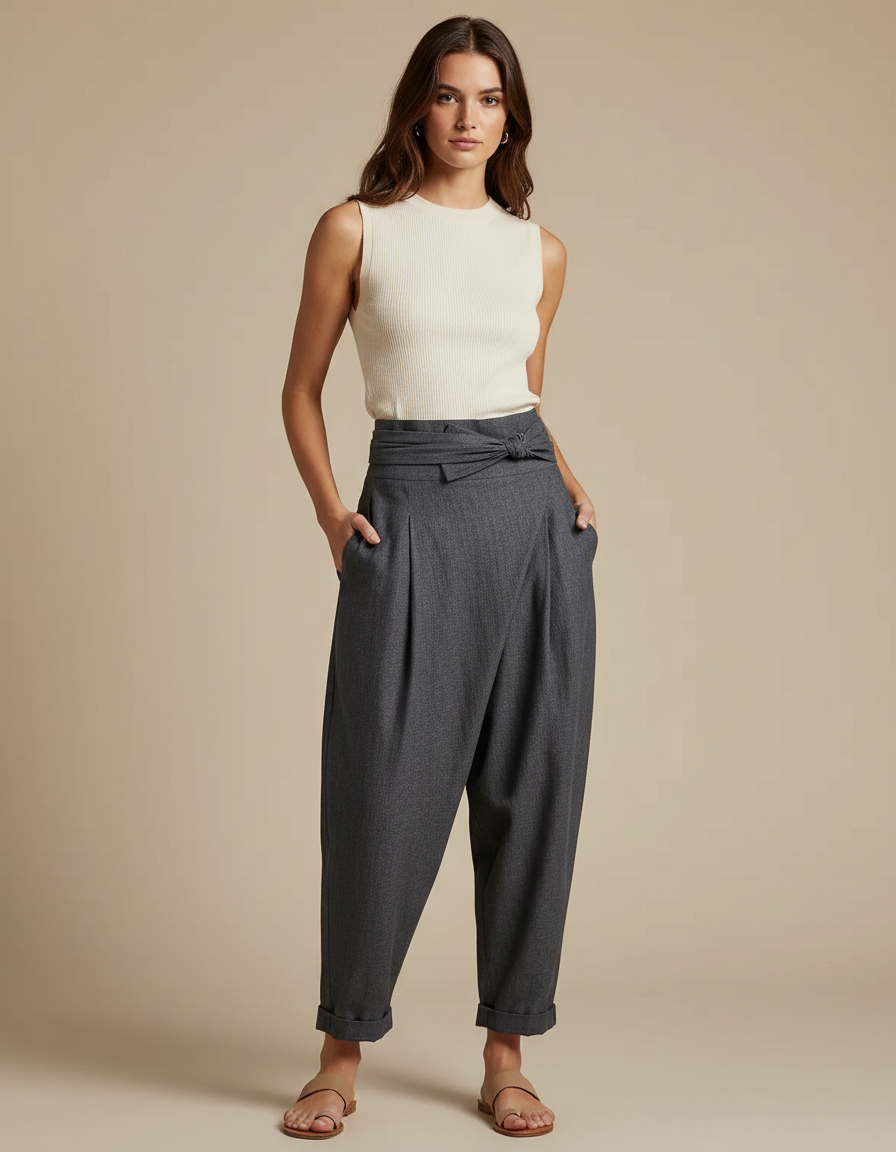 Pantalon À Pince Gris Fluide Taille Haute Femme - Gabardine