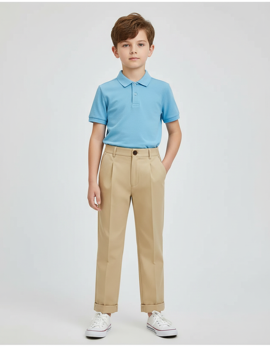 Pantalon À Pince Beige Coton Plissé Droit Enfant - Gabardine