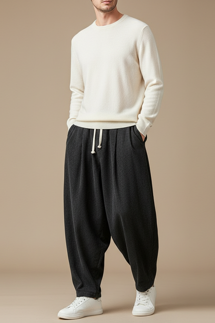 Pantalon À Pince Velours Côtelé Noir Ample Harem Homme - Cordé