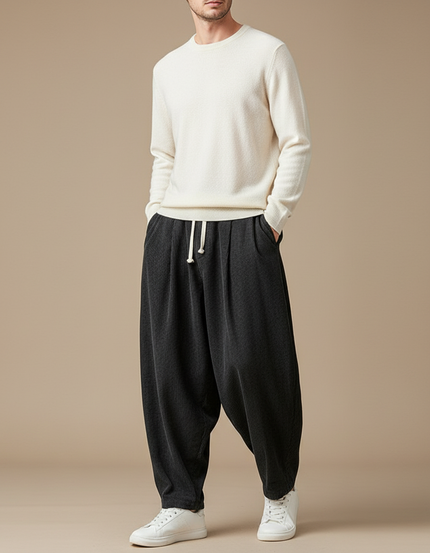 Pantalon À Pince Velours Côtelé Noir Ample Harem Homme - Cordé