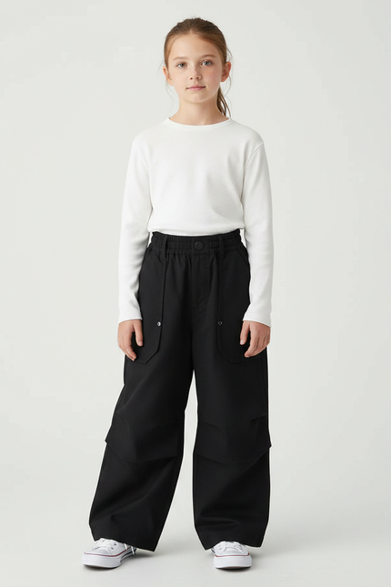 Pantalon À Pince Noir Cargo Ample Coton Enfant - Toile