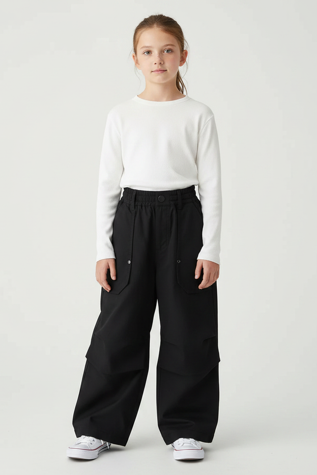 Pantalon À Pince Noir Cargo Ample Coton Enfant - Toile