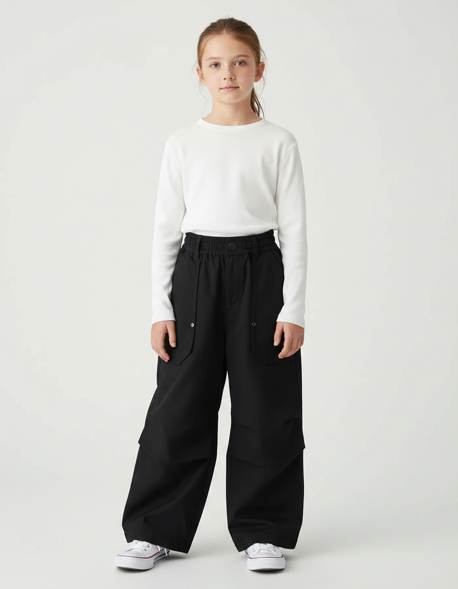 Pantalon À Pince Noir Cargo Ample Coton Enfant - Toile