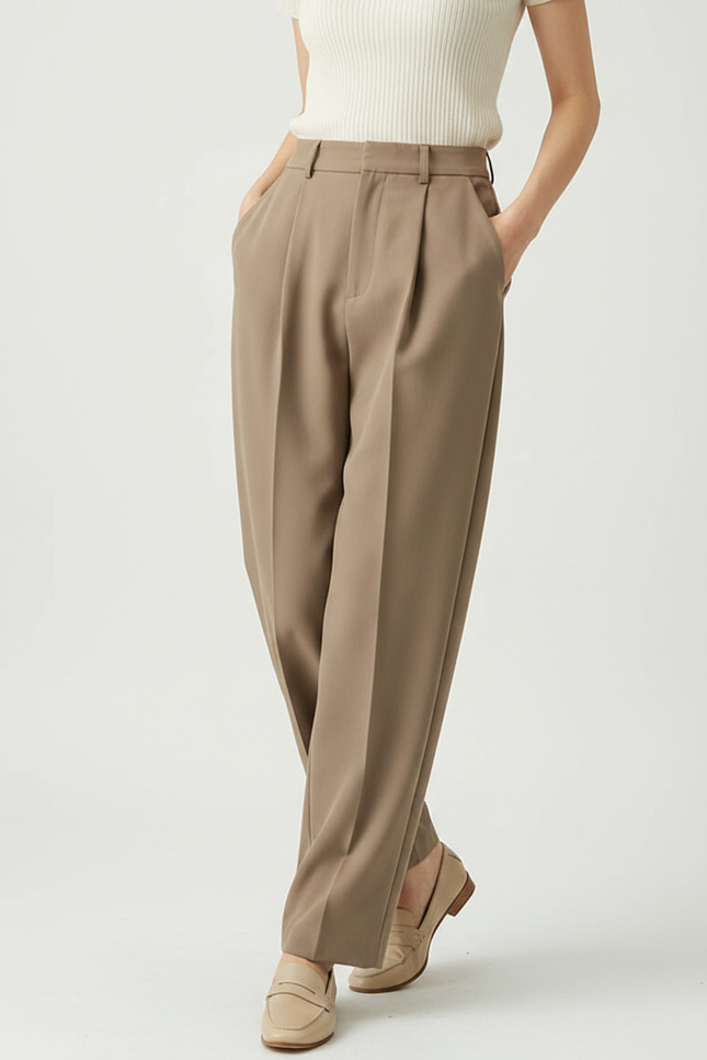 Pantalon À Pince Beige Ample Décontracté Femme Fluide - Viscose