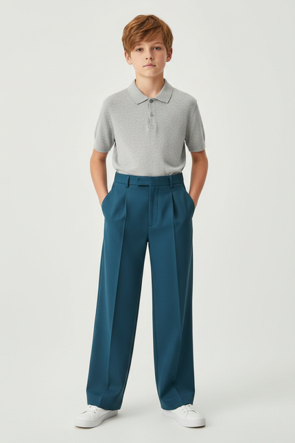 Pantalon À Pince Bleu Canard Droit Garçon Élégant - Polyester
