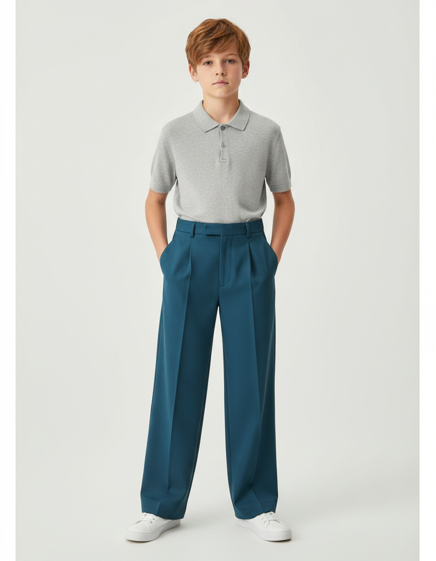 Pantalon À Pince Bleu Canard Droit Garçon Élégant - Polyester