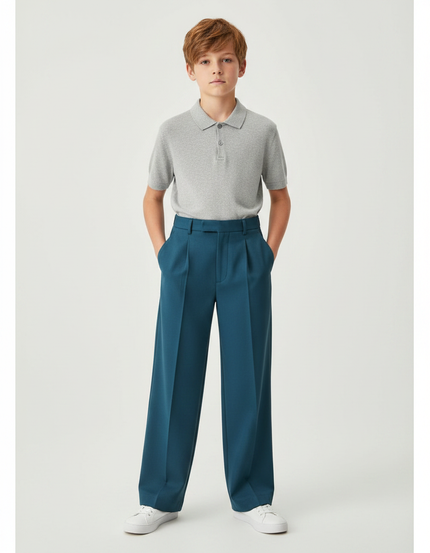 Pantalon À Pince Bleu Canard Droit Garçon Élégant - Polyester