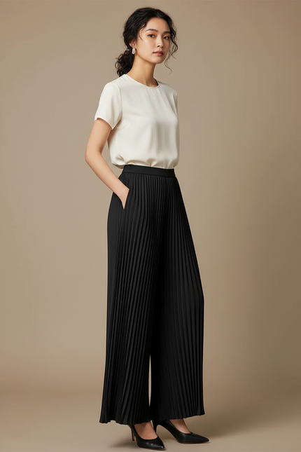Pantalon À Pince Noir Plissé Fluide Ample Élégant - Polyester