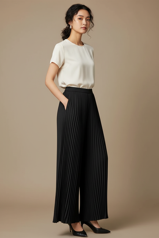 Pantalon À Pince Noir Plissé Fluide Ample Élégant - Polyester