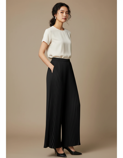 Pantalon À Pince Noir Plissé Fluide Ample Élégant - Polyester