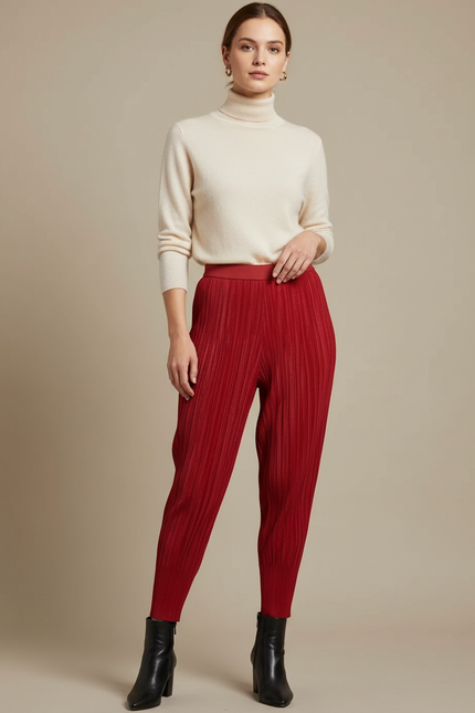 Pantalon À Pince Plissé Rouge Élastique Confortable Femme - Maille