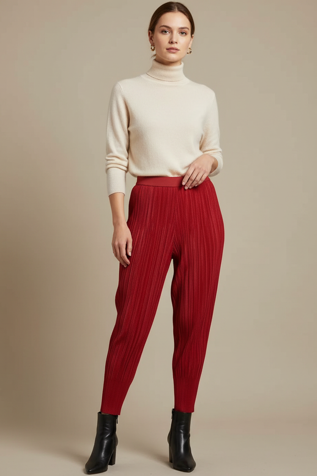 Pantalon À Pince Plissé Rouge Élastique Confortable Femme - Maille