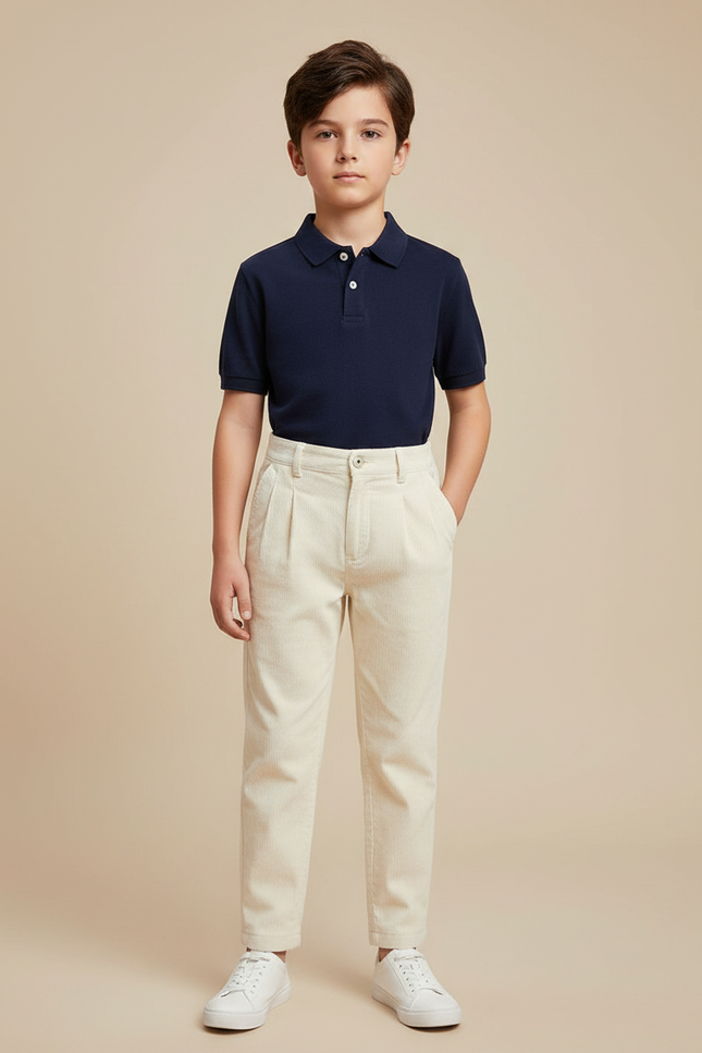 Pantalon À Pince Crème Côtelé Plissé Enfant Décontracté - Beige Cordé