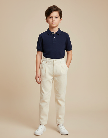 Pantalon À Pince Crème Côtelé Plissé Enfant Décontracté - Beige Cordé