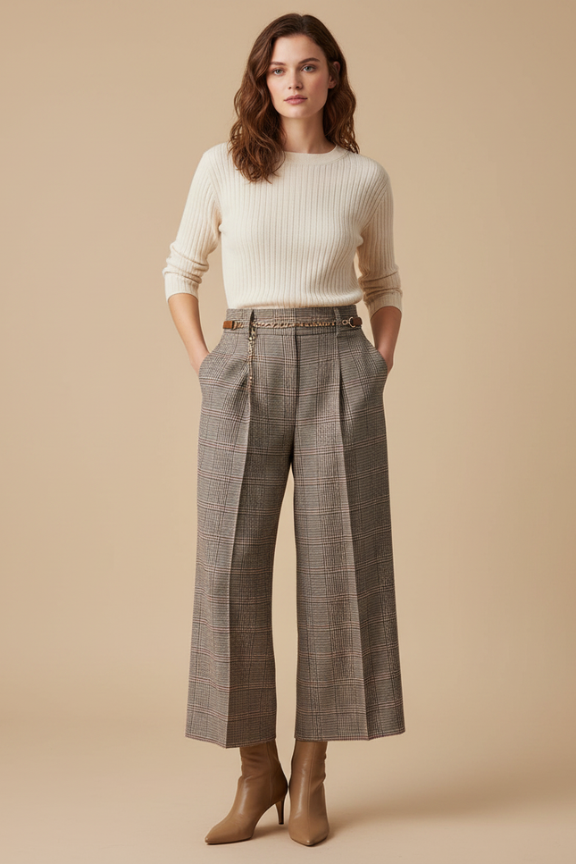 Pantalon À Pince Carreaux Marron Ample Taille Haute Élégant - Tweed