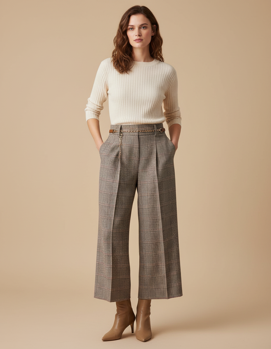 Pantalon À Pince Carreaux Marron Ample Taille Haute Élégant - Tweed