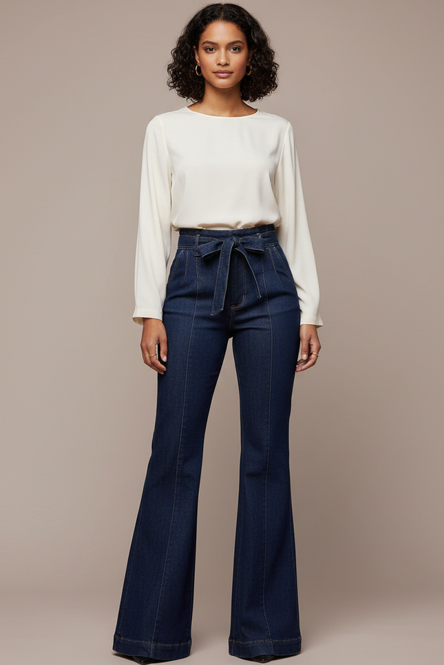 Pantalon À Pince Bleu Marine Évasé Taille Haute Denim - Jean