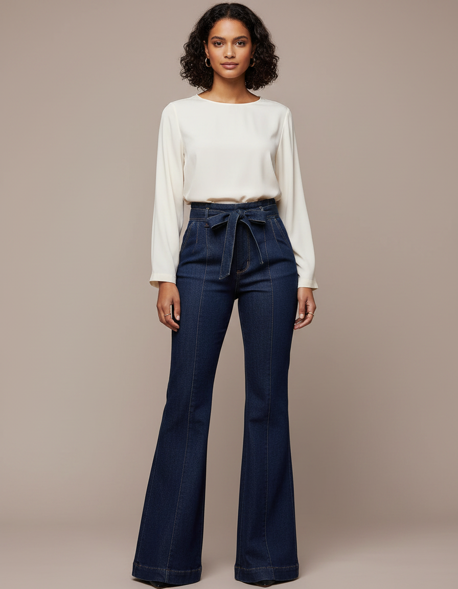 Pantalon À Pince Bleu Marine Évasé Taille Haute Denim - Jean