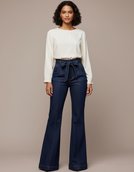 Pantalon À Pince Bleu Marine Évasé Taille Haute Denim - Jean