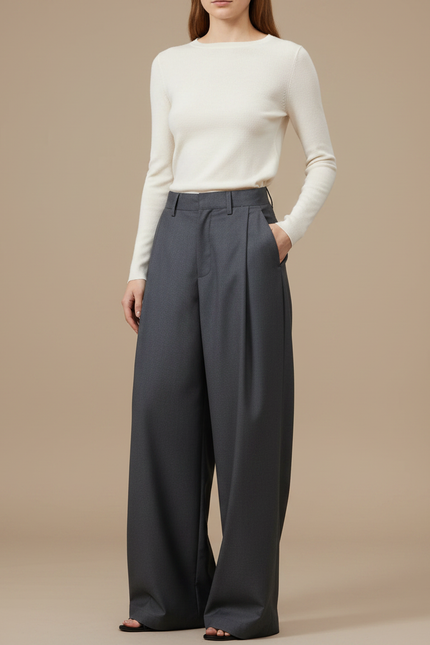 Pantalon À Pince Gris Ample Fluide Élégant Femme - Laine