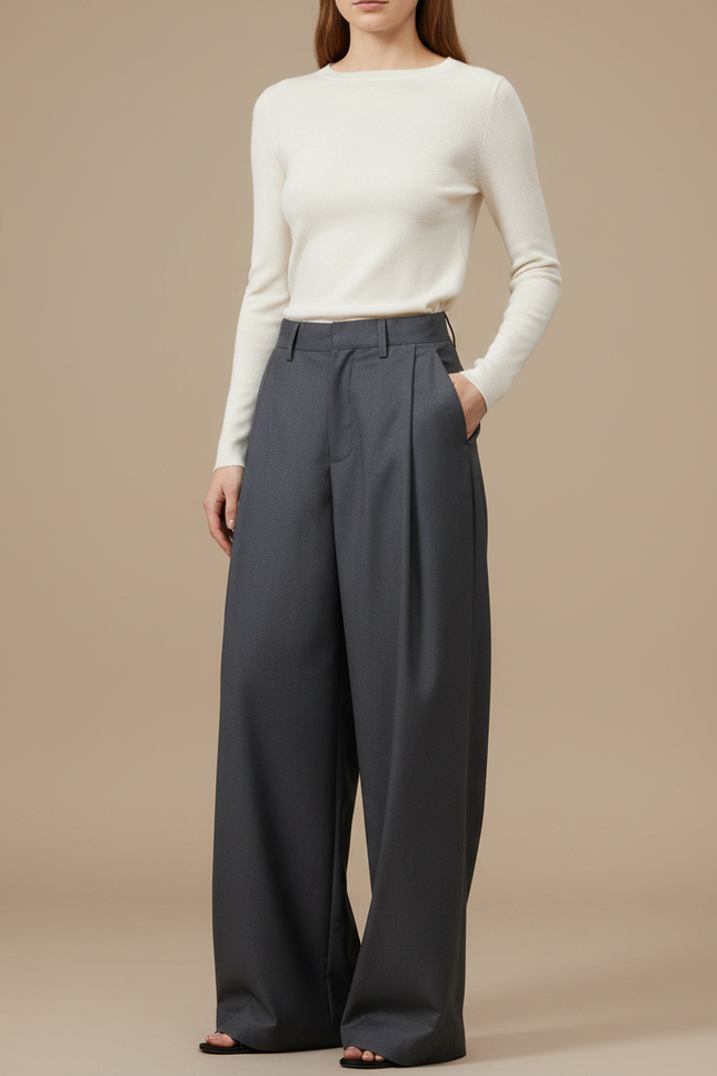 Pantalon À Pince Gris Ample Fluide Élégant Femme - Laine