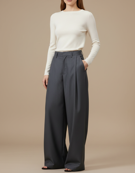 Pantalon À Pince Gris Ample Fluide Élégant Femme - Laine