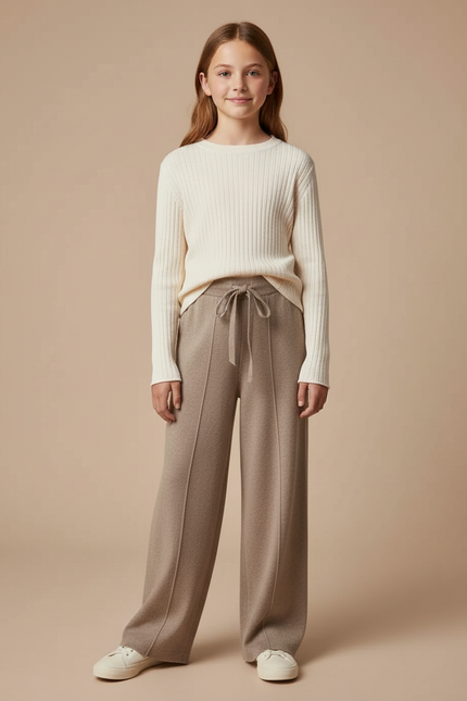Pantalon À Pince Laine Tricoté Ample Beige Enfant