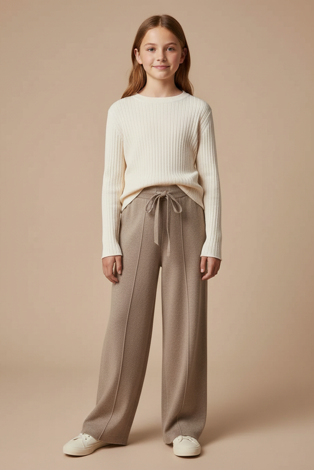 Pantalon À Pince Laine Tricoté Ample Beige Enfant