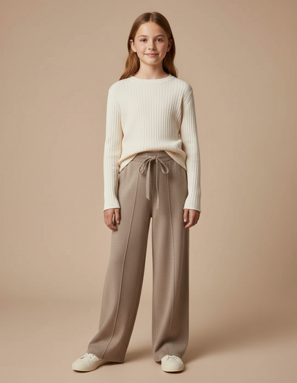 Pantalon À Pince Laine Tricoté Ample Beige Enfant