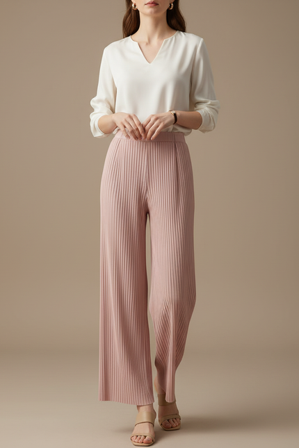 Pantalon À Pince Plissé Rose Fluide Élégant Femme - Maille