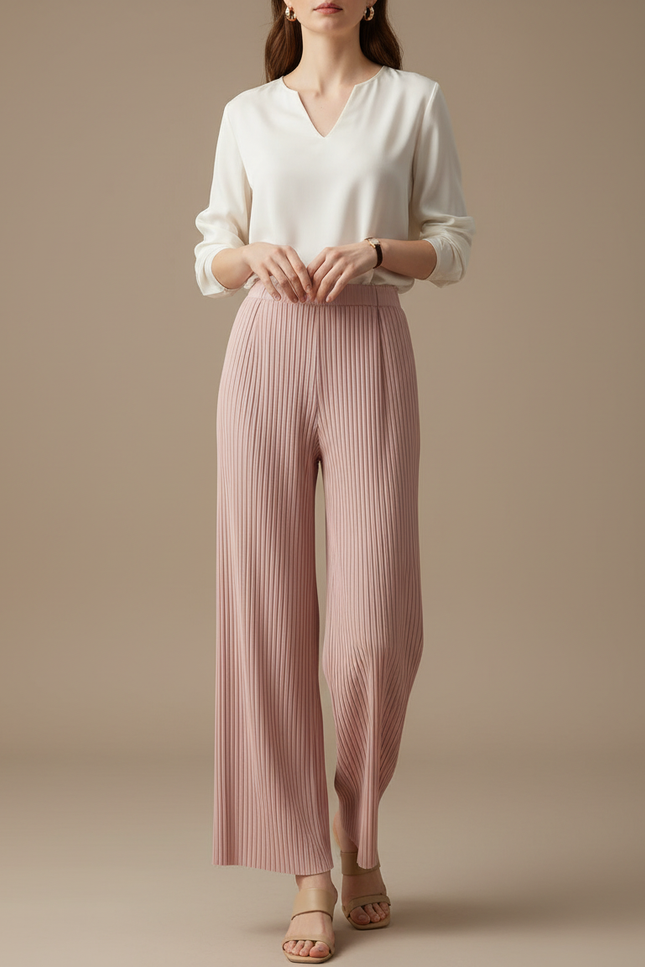 Pantalon À Pince Plissé Rose Fluide Élégant Femme - Maille