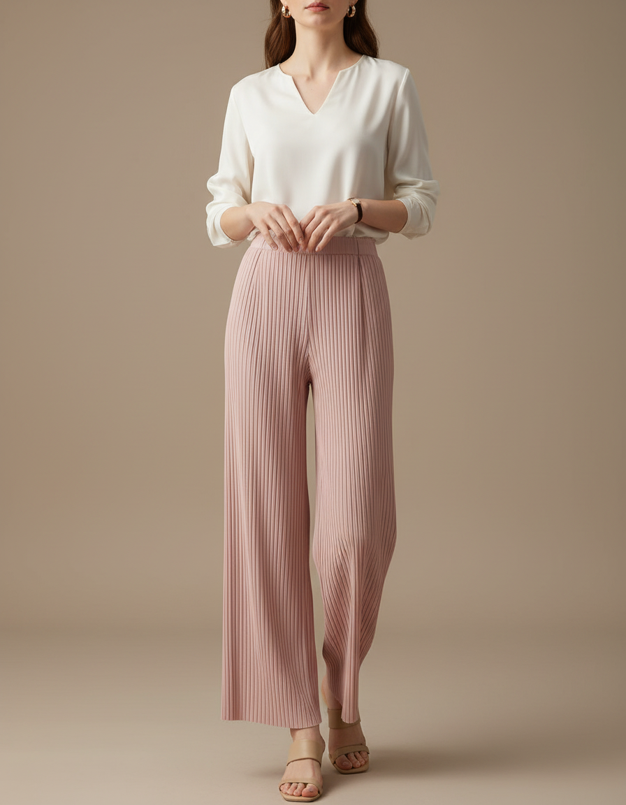 Pantalon À Pince Plissé Rose Fluide Élégant Femme - Maille