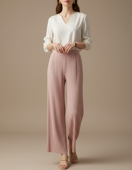 Pantalon À Pince Plissé Rose Fluide Élégant Femme - Maille