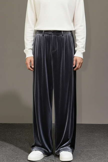 Pantalon À Pince Velours Gris Ample Décontracté Homme