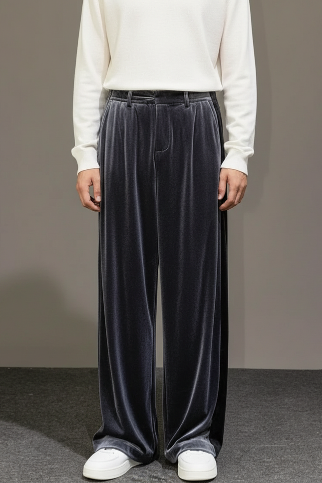 Pantalon À Pince Velours Gris Ample Décontracté Homme