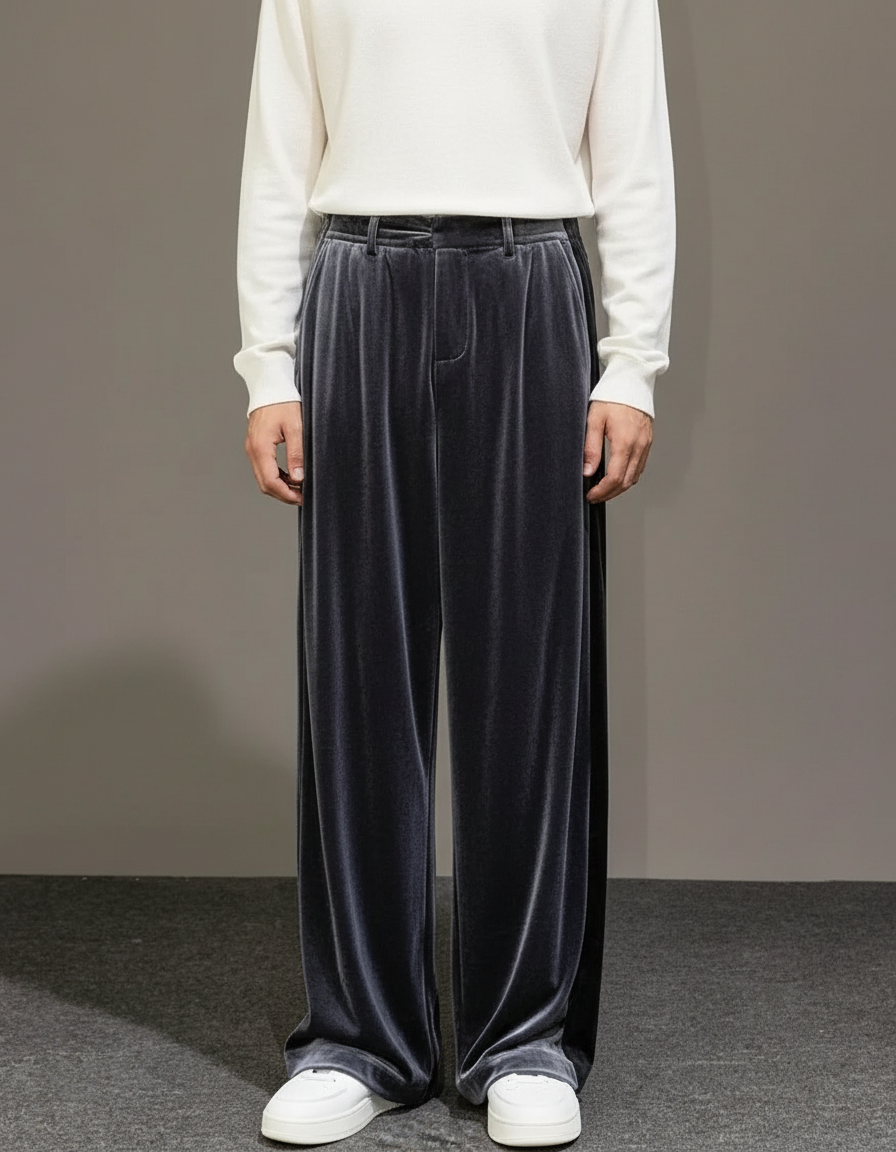Pantalon À Pince Velours Gris Ample Décontracté Homme
