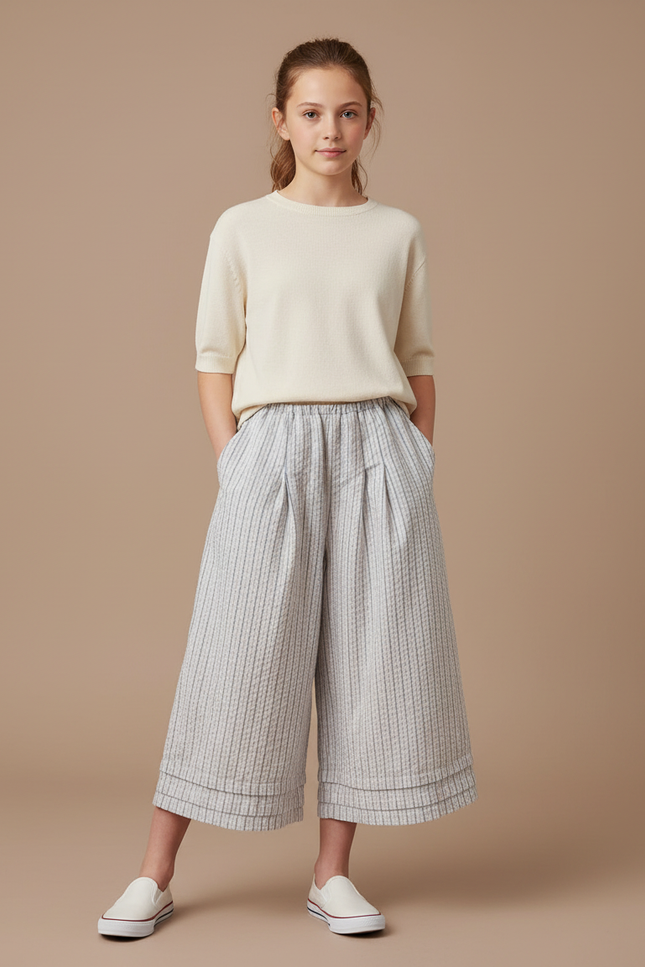 Pantalon À Pince Rayé Coton Ample Court - Gris