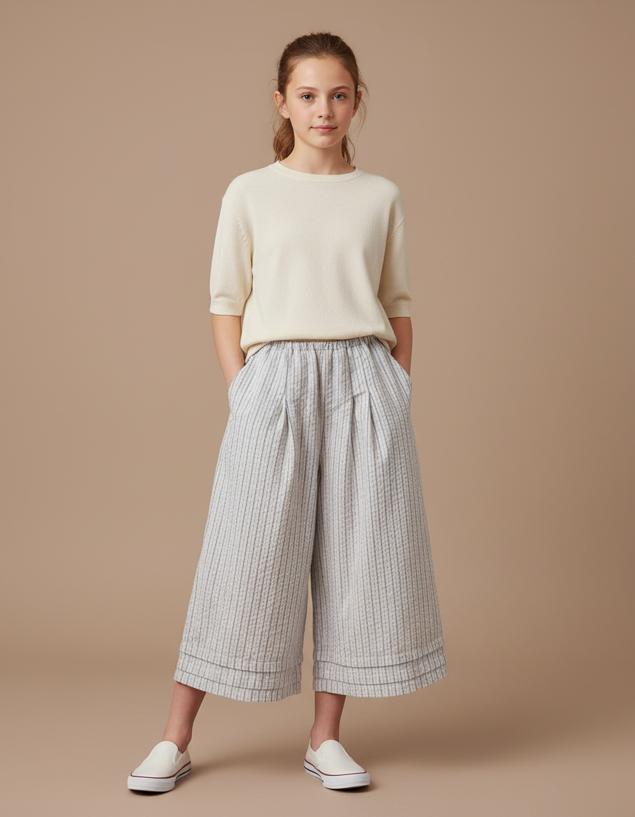 Pantalon À Pince Rayé Coton Ample Court - Gris