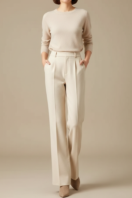 Pantalon À Pince Beige Écru Droit Fluide Élégant - Laine