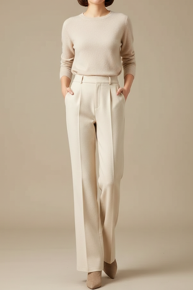 Pantalon À Pince Beige Écru Droit Fluide Élégant - Laine